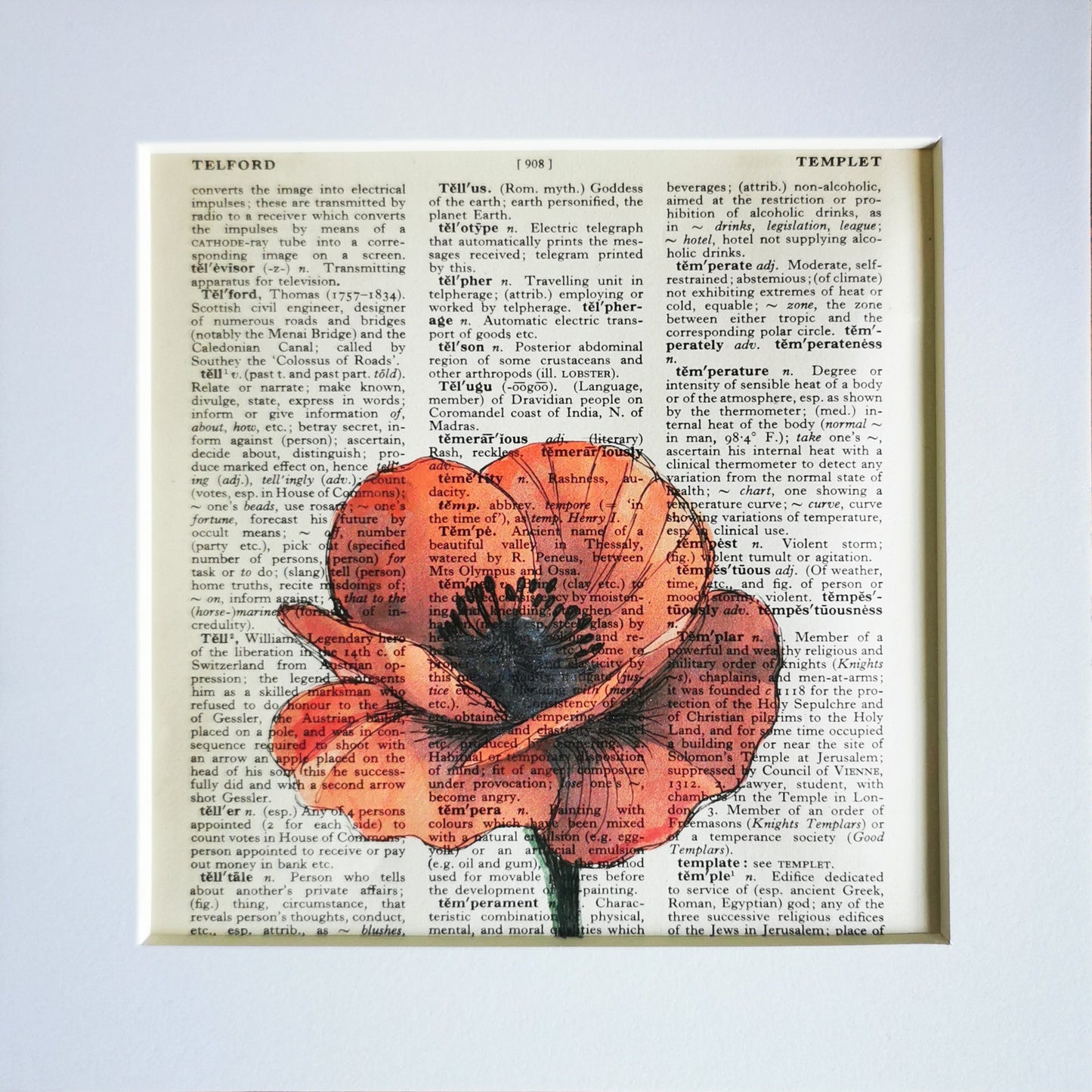 Red poppy flower watercolour and ink illustration on an original textured book page background.