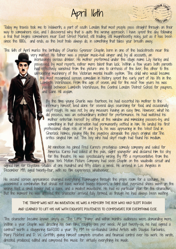 Front Page of a promotional historic letter for April 16th about Charlie Chaplin including a watercolour of Charlie