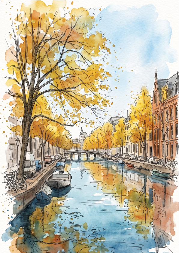 Watercolour painting of a canal scene in Amsterdam with golden yellow autumn trees, blue water, boats, buildings, and a bridge in the distance.