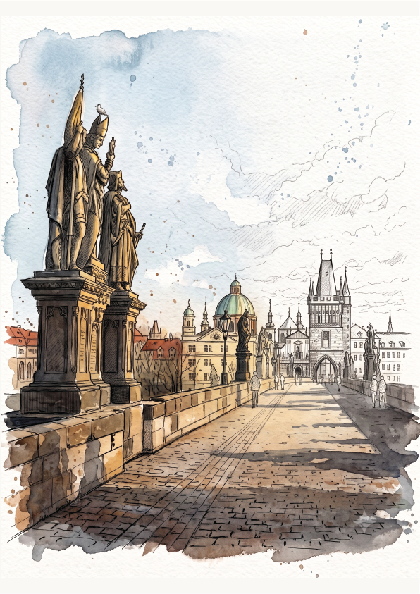 Watercolour and ink sketch of the Charles Bridge in Prague, featuring stone statues on the left, a cobblestone path leading into the distance, and historic buildings and domes under a pale sky.