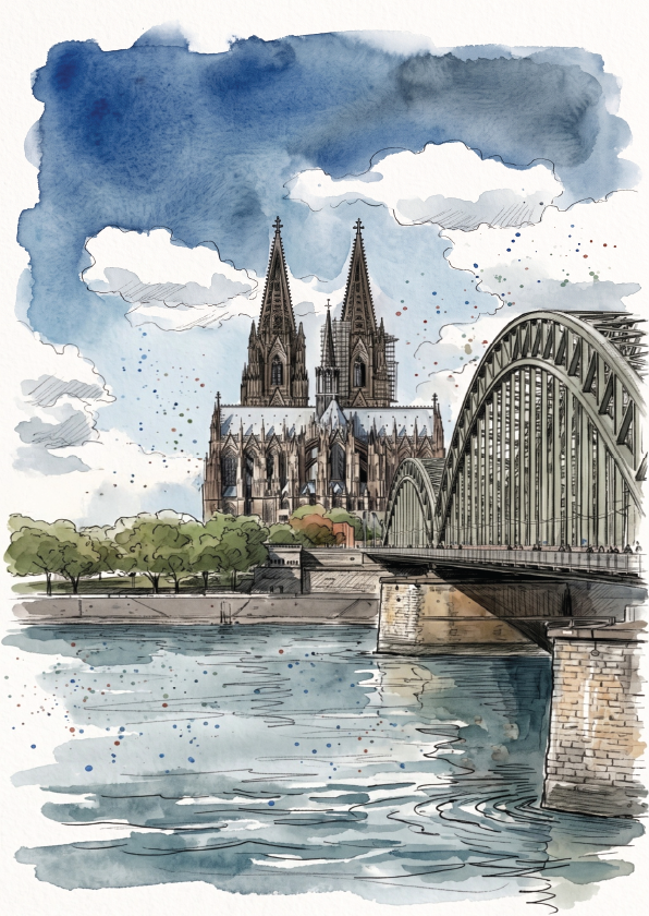 Watercolour and ink illustration of Cologne Cathedral with the Rhine River, a stone bridge in the foreground, and a blue sky with white clouds.