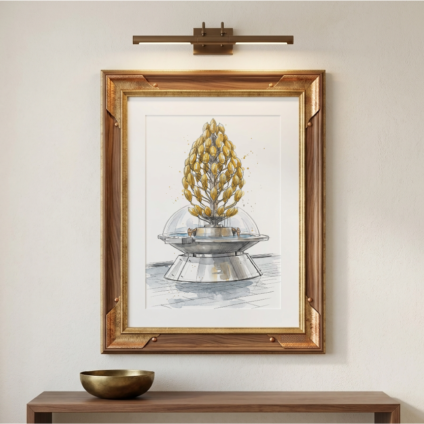 Framed wall art poster of the chocolate fountain in the Chocolat eMuseum, Cologne, hanging on a beige wall above a wooden console table, featuring a stylized golden tree-like form inside a clear dome on a silver base. The artwork is enclosed in a warm gold-toned frame, with a matching wall sconce above.