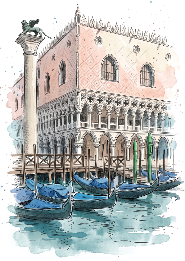 Watercolor-style illustration of Doge's Palace with arched windows and colonnade, alongside several blue gondolas in the canal and a tall column with a winged statue.
