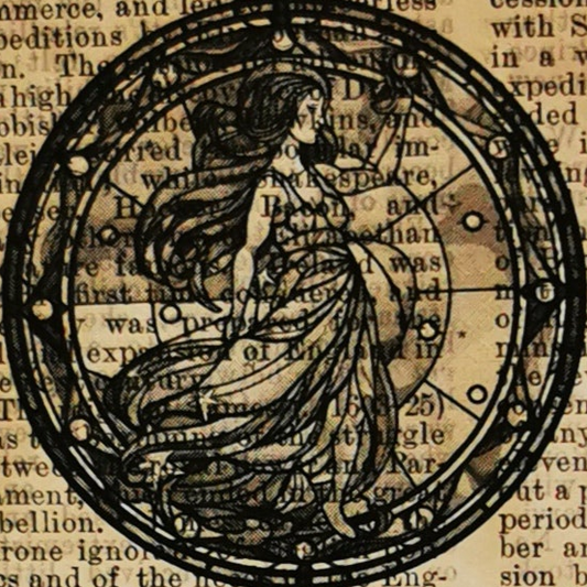 Artistic depiction of a woman with flowing hair on a circular design against a textured vintage book page text background.