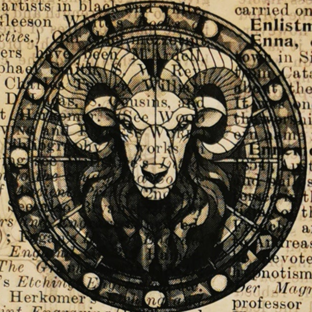 close up of the Aries illustration on a vintage book page text background