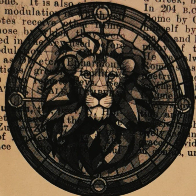 Decorative lion horoscope sign with circular design on a textured vintage book page background