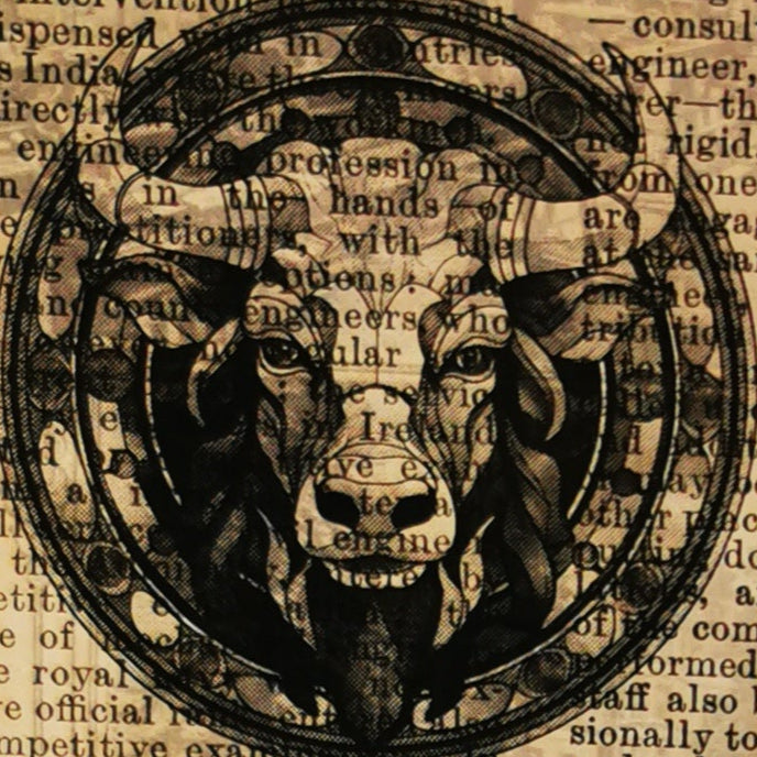 Decorative card with Taurus zodiac sign and bull illustration next to a potted plant on a wooden surface.