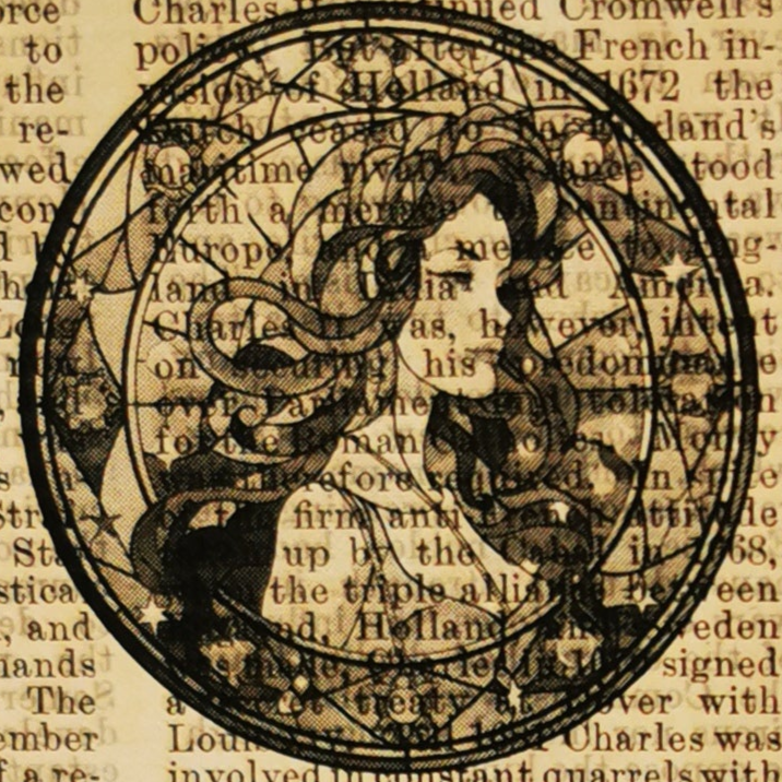 Circular illustration of the virgo star sign on an old book page text background