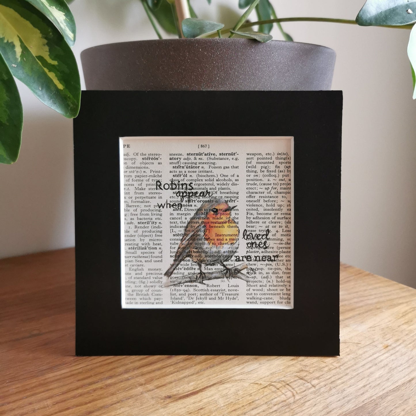 Black mountboard framed watercolour artwork of a robin illustration on a printed text book page background