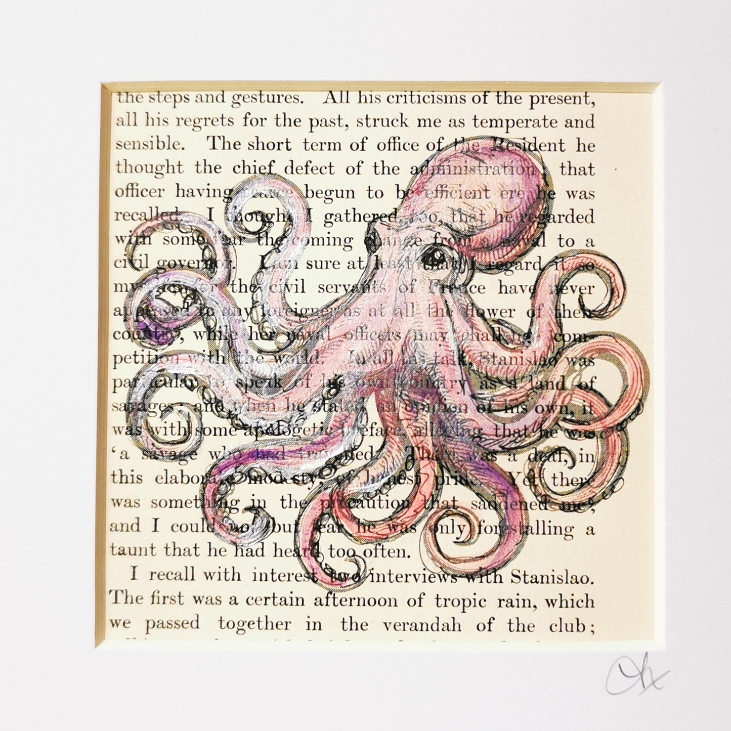 Signed original dictionary page with watercolour and ink illustration of a Kraken Octopus