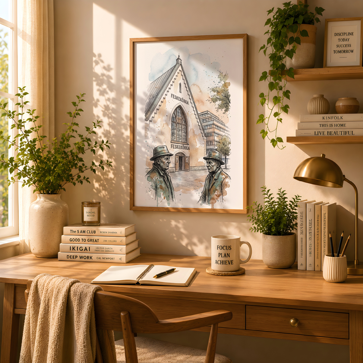 A framed art print depicting a historic church style building FESKEKORA and two statues of men displayed on a wooden desk in a warm, sunlit home office setting with books, plants, and a lamp.