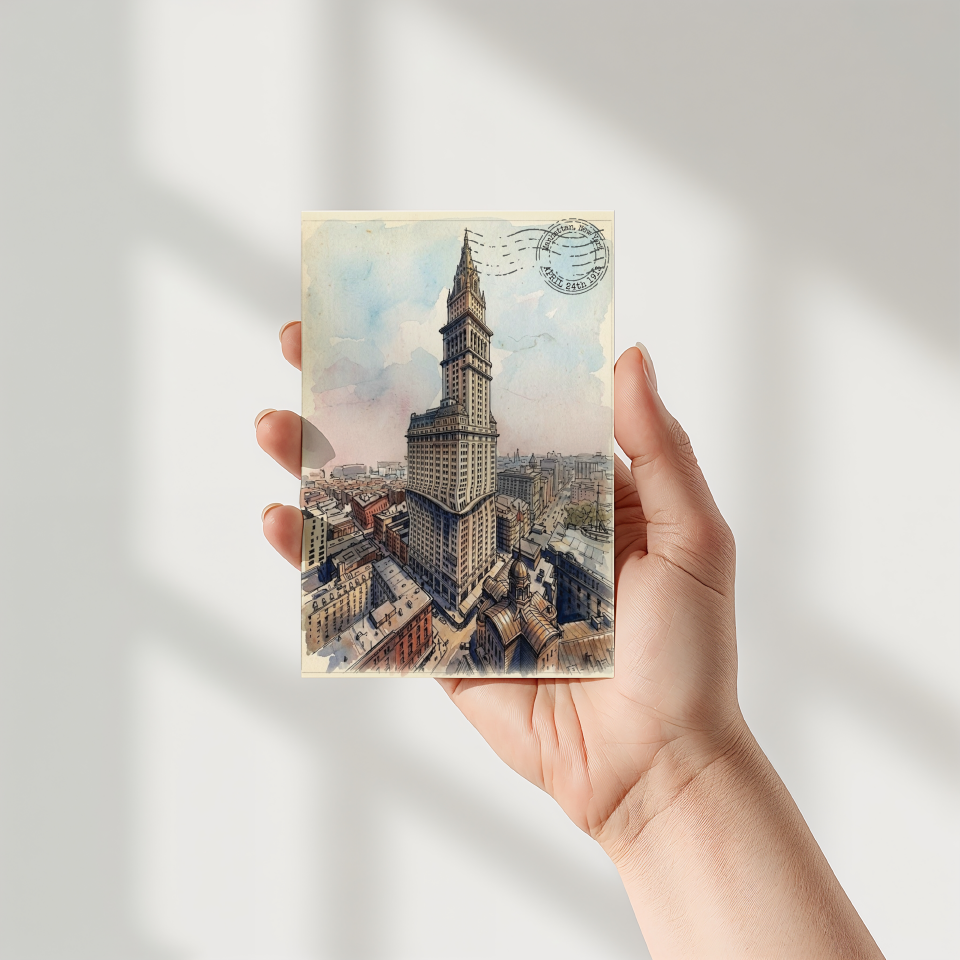 A hand holding a cream-coloured postcard featuring a vintage illustration of the F.W. Woolworth building in New York
