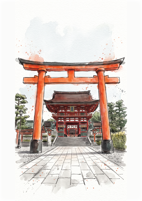Watercolour-style illustration of a Japanese temple scene at fushimi inari with a large orange-red torii gate in the foreground, a stone path leading forward, and a red temple building in the background.