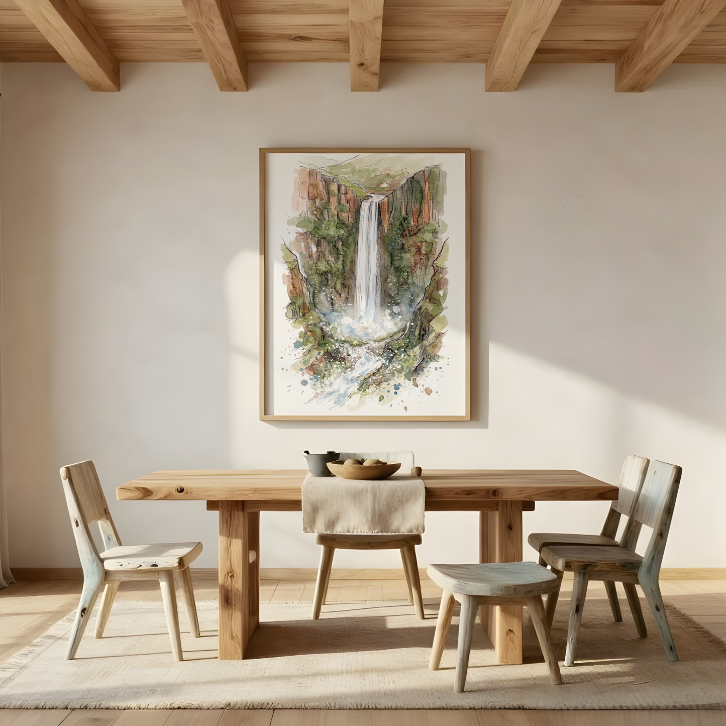 A framed landscape art print of Gocta waterfall, Peru, in a forest hangs on a beige wall in a bright, modern dining room with a wooden table and chairs. The room features exposed wooden ceiling beams, a large window looking out to the beach, and an arched doorway leading to the ocean.