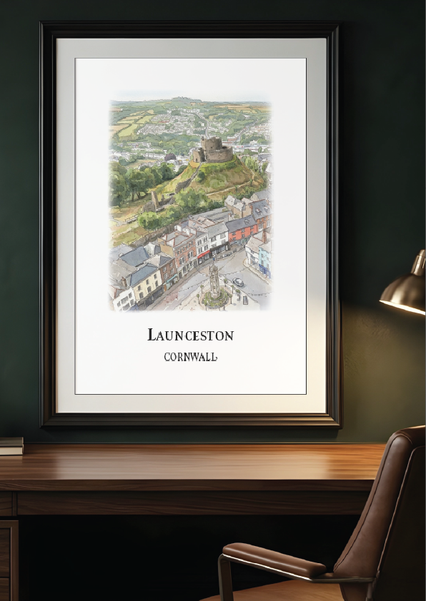 Art print of Launceston Castle watercolour illustration displayed as a wall poster