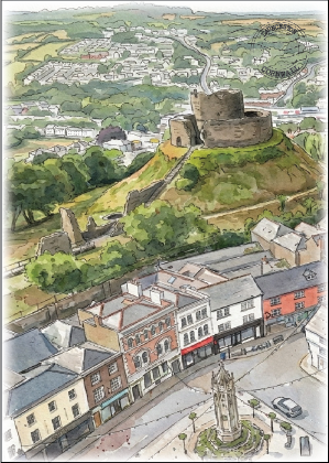 Watercolour landscape art print depicting a hill with a derelict castle overlooking a town, with streets, buildings, greenery, and a roundabout in the foreground.