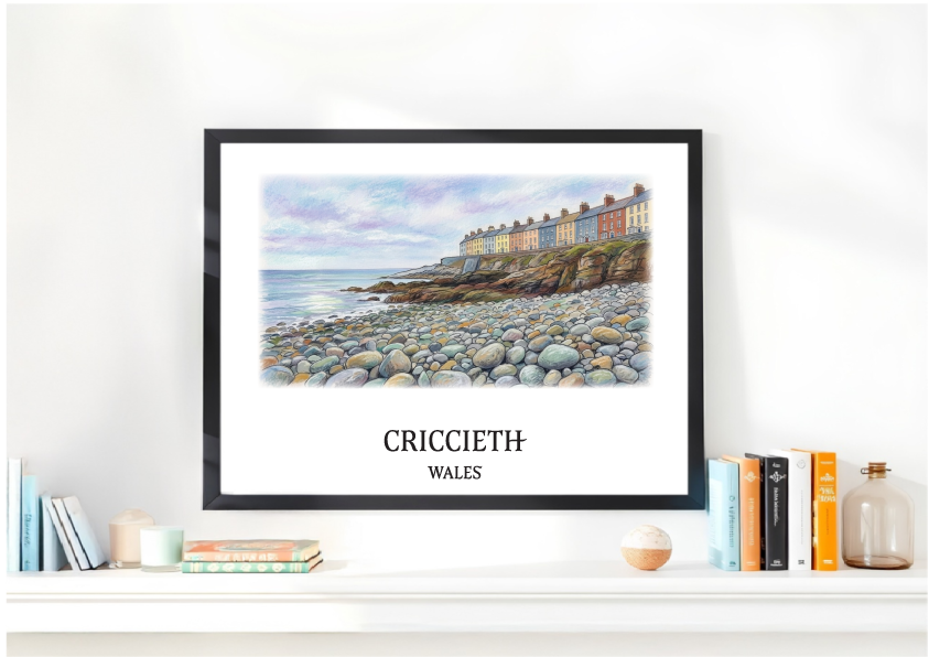 Framed artwork of Marine Terrace in Criccieth, Wales on a shelf with books and decor.