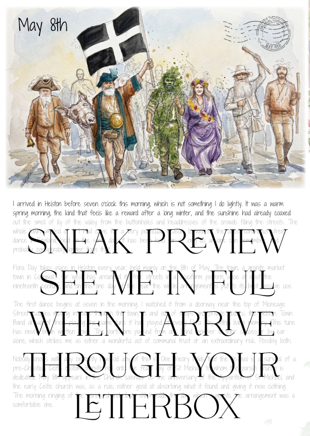 Illustration of people with a flag, text about a sneak peek, and a postmark on a white background.