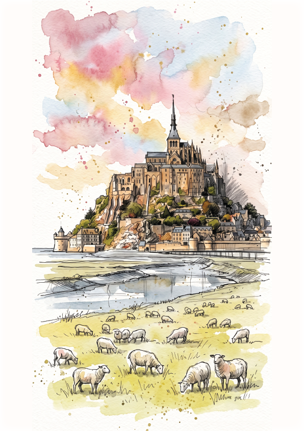 Watercolour-style art print poster depicting Mont Saint-Michel with a church spire on a rocky island, a river in the foreground, and sheep grazing in a pale yellow field under soft pink, blue, and beige clouds.