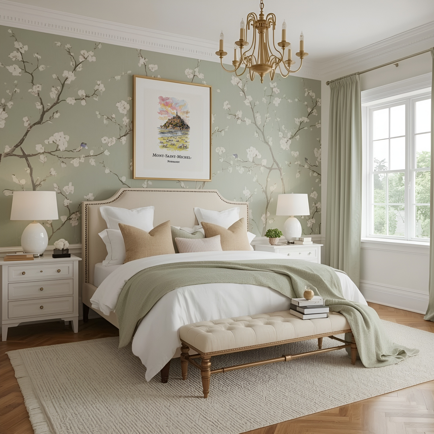 A beautifully styled bedroom featuring a bed dressed in white and sage green linens, set against a wall with sage green floral wallpaper. The room includes a matching green curtain, a gold chandelier, bedside tables with white lamps, and a tufted bench at the foot of the bed with a framed watercolour poster of Mont-Saint-Michel in Normandy