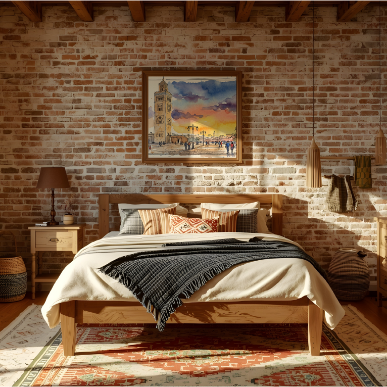 A rustic bedroom featuring a light wood platform bed centered against a red brick wall, styled with neutral-toned bedding, patterned pillows, a dark knit throw blanket, a patterned area rug, and matching wood furniture including a nightstand and dresser.