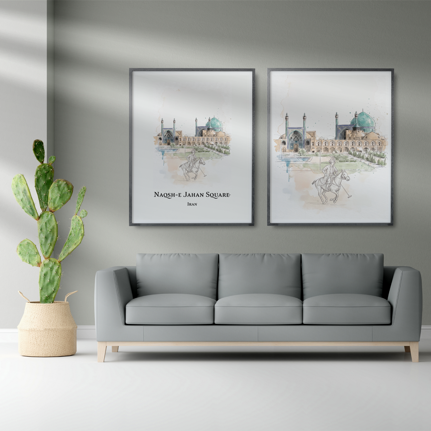 A styled living room scene with a grey sofa, potted cactus, and two framed watercolour-style architectural prints of Naqsh-e Jahan Square on the wall. The likely product being sold is the pair of framed prints, shown in a real interior environment rather than as an isolated studio product shot.