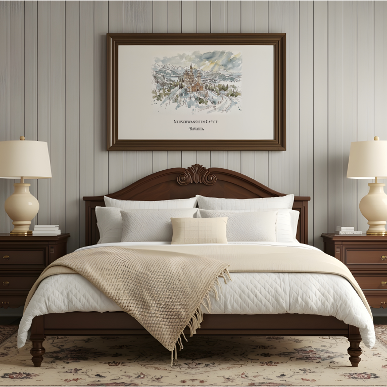 A styled bedroom scene with a dark wood bed centered against paneled gray walls, flanked by matching nightstands and lamps. A framed winter landscape watercolour print of Neuschwanstein Castle hangs above the headboard.