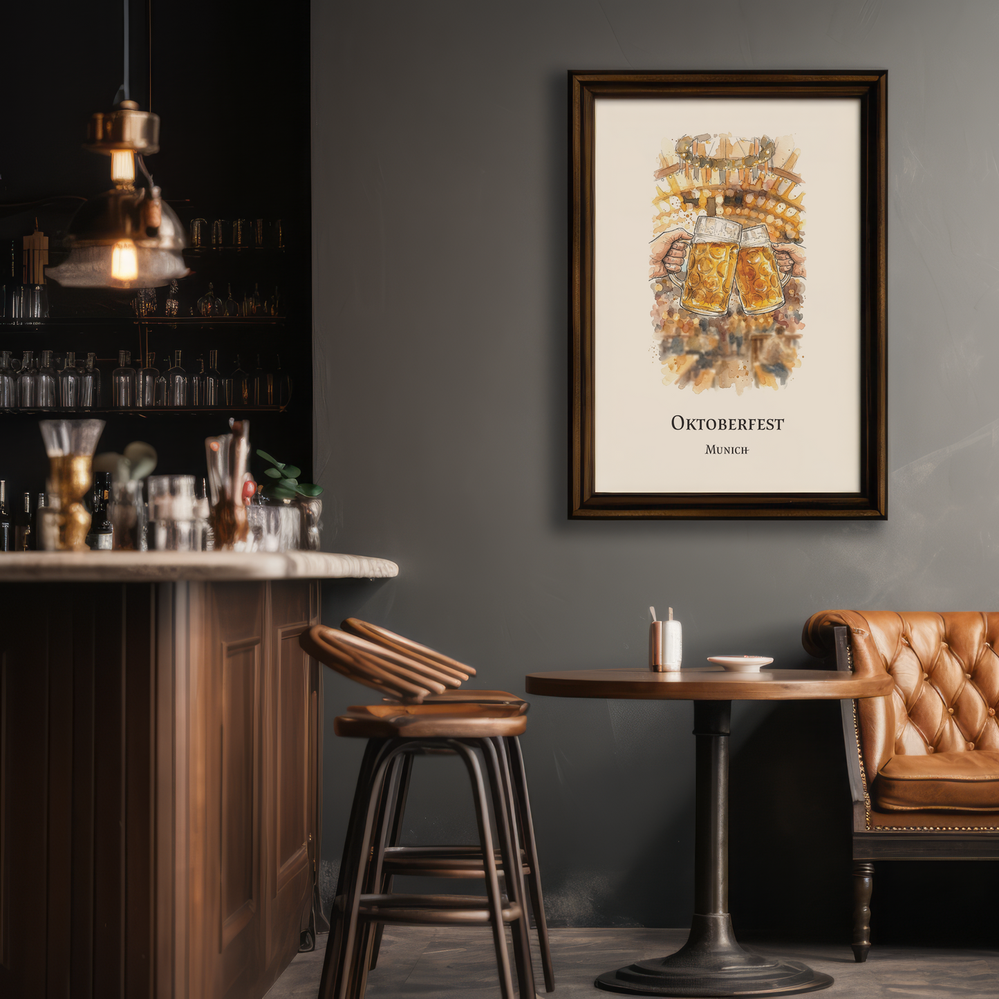 A framed Oktoberfest poster with a golden beer mug illustration hangs on a dark gray wall in a cozy, rustic bar or cafe setting with leather booths and wooden tables.