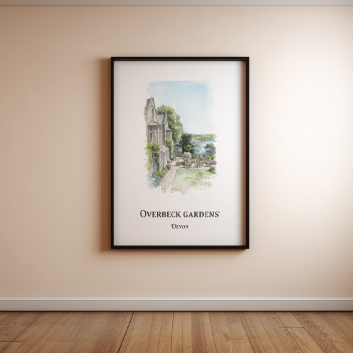 A framed art print featuring a watercolour illustration of Overbeck Gardens in Devon, hung on a beige wall above a wooden floor.