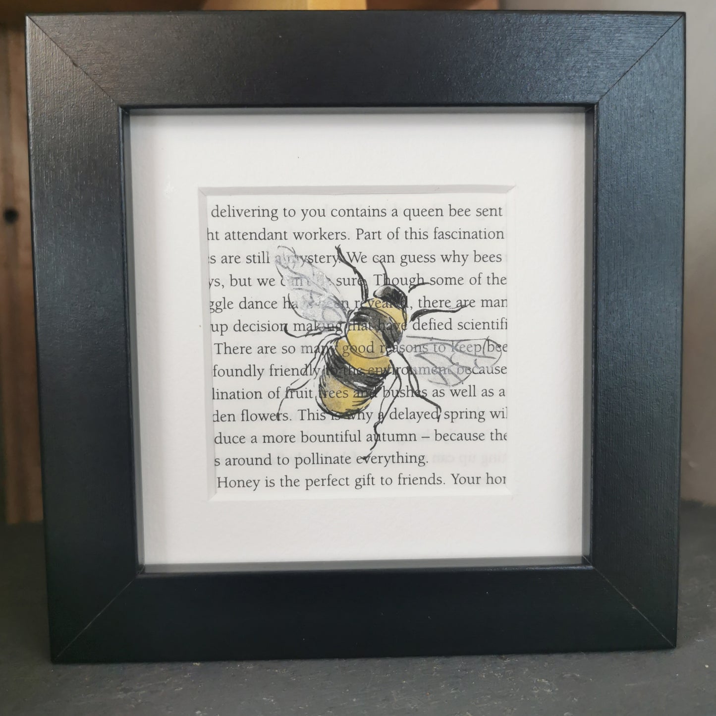 Small Framed original watercolour and ink artwork - Bee on a beekeeping vintage bookpage