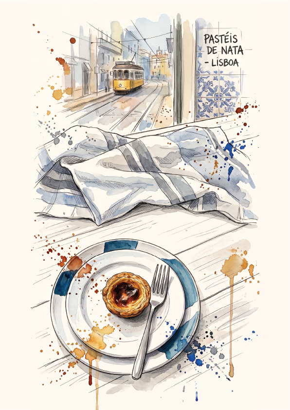 Watercolour-style illustration of a Portuguese pastry on a plate with a fork, alongside a striped cloth and a street scene with a tram in Lisbon. Text reads 'PASTÉIS DE NATA - LISBOA'.