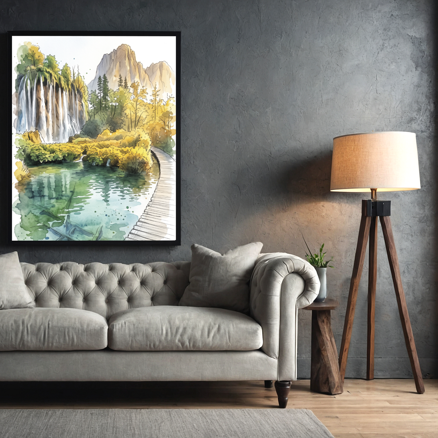A framed landscape art print of Plitvice National Park, Croatia, depicting a waterfall, lush green trees, and a wooden pathway over a pond, displayed on a dark grey wall above a light grey tufted sofa in a modern living room setting.