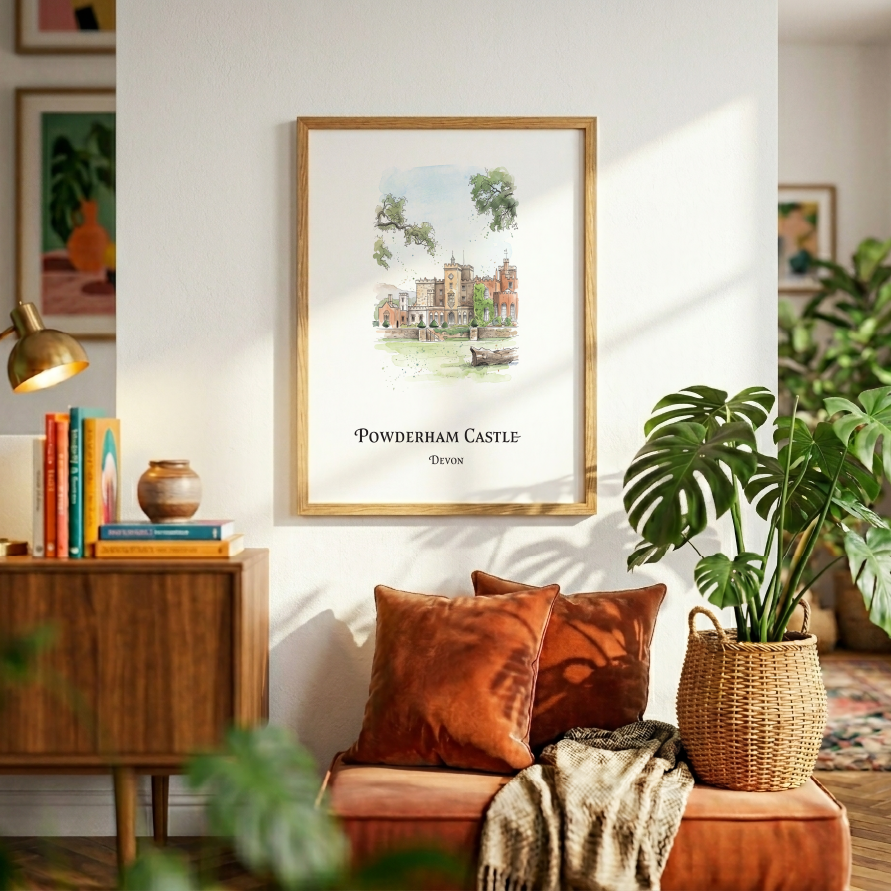 A framed art print of Powderham Castle in Devon, styled in a warm, modern living room setting with a terracotta velvet sofa, cushions, a potted monstera plant, and a wooden sideboard.