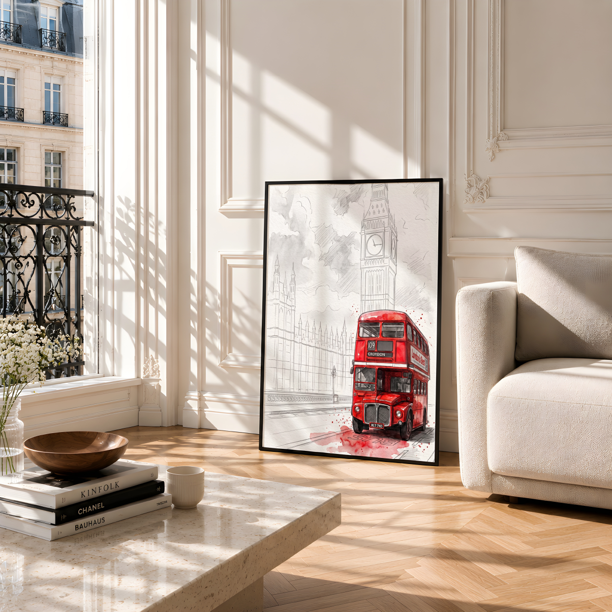 A framed art print featuring a red double-decker bus and Big Ben in a sketchy London street scene, leaning against a cream wall in a bright, modern living room with a sofa and marble coffee table.