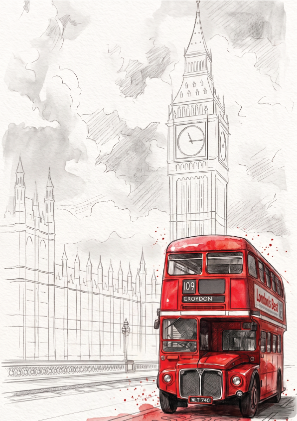 A sketch-style London scene with Big Ben and the Houses of Parliament in the background, featuring a red double-decker bus in the foreground with watercolour-style red splashes on the ground.