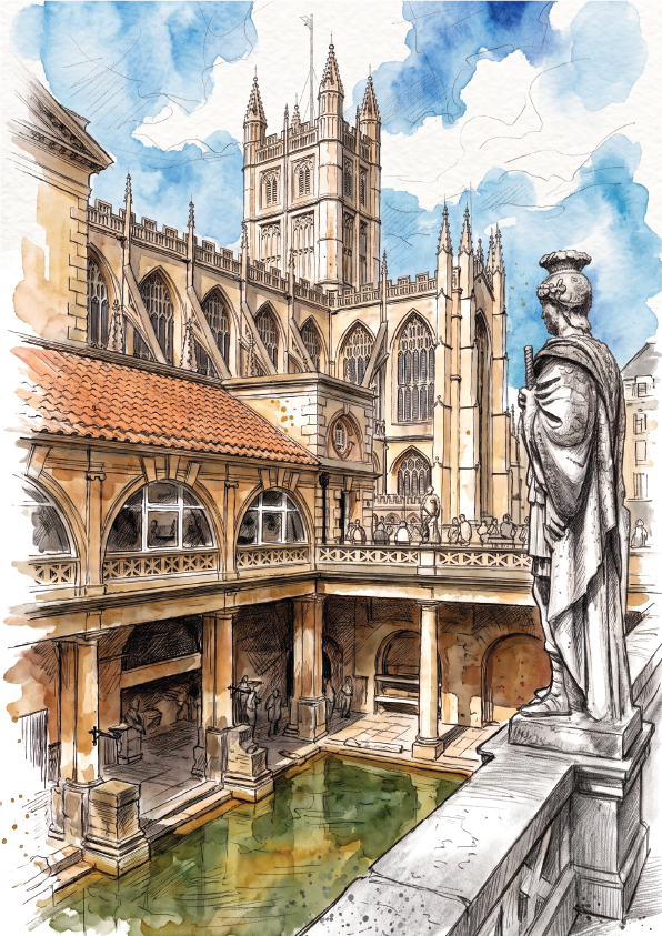 watercolour illustration and pencil sketch of The Roman Baths and a statue overlooking teh green water of the baths.