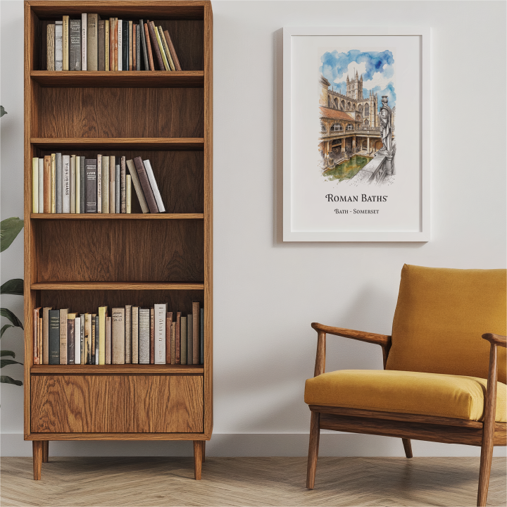 White framed watercolour illustration of The Roman Baths at Bath on a white wall with a mustard coloured mid century chair and matching bookcase.