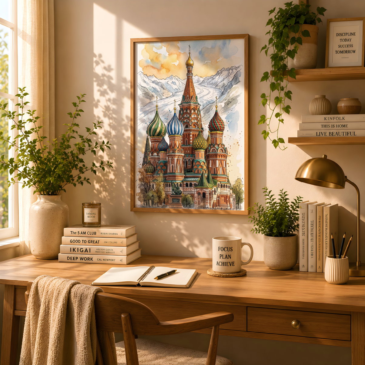 A framed watercolour-style art print of St. Basil's Cathedral in Moscow hangs on a warm beige wall above a wooden desk.