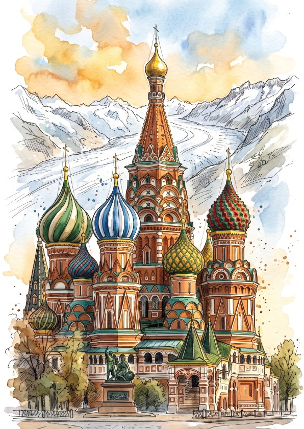 Watercolour and ink illustration of St. Basil's Cathedral in Moscow, with colourful onion domes, snowy mountains, and a soft blue and yellow sky.