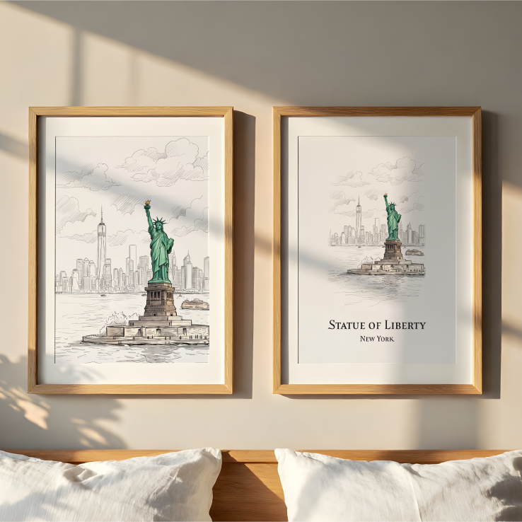 Two framed art prints of the Statue of Liberty in New York City, displayed side-by-side on a beige wall above a wooden headboard with white pillows. The left print features a detailed sketch with a pale wooden frame, while the right print features the text 'STATUE OF LIBERTY New York.