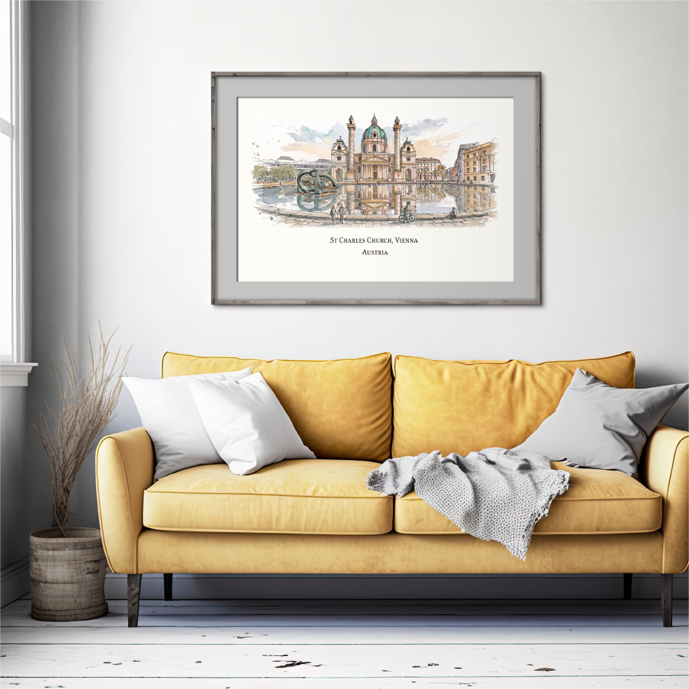 A framed art print of St. Charles Church in Vienna, Austria, displayed on a light gray wall above a yellow sofa in a modern living room setting.