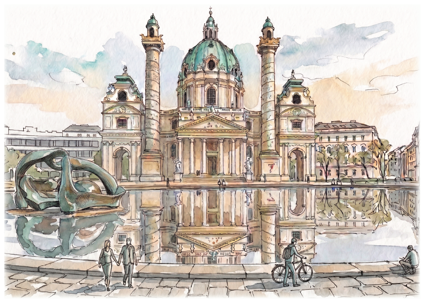 Watercolor and ink architectural artwork of St Charles Church, Austria, reflected in a foreground pool, with small figures and a bicycle in the scene.