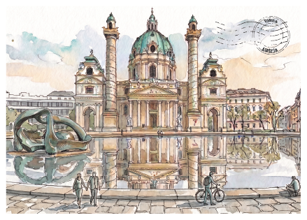 Watercolour-style artwork of St Charles Church, Vienna, reflected in a foreground pool, with a sculpture on the left, small figures and a bicycle near the bottom, and a postmark in the upper right.