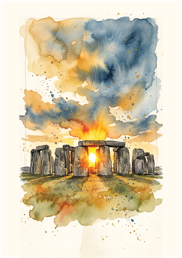 Watercolour painting of Stonehenge at sunset, with the sun glowing through the center opening and dramatic blue, gold, and orange sky above.