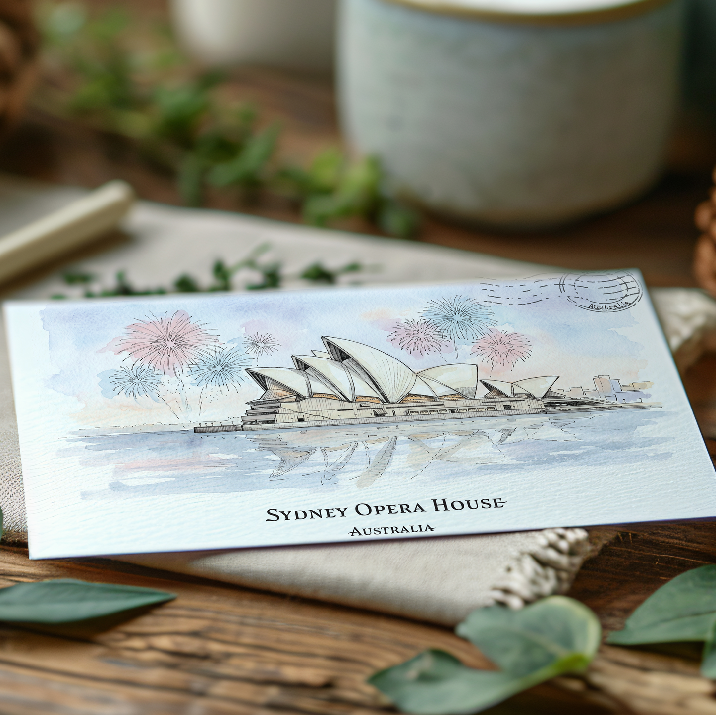 A rectangular postcard featuring a watercolour illustration of Sydney Opera House with fireworks, placed on a rustic wooden surface with a cup and greenery in the background.