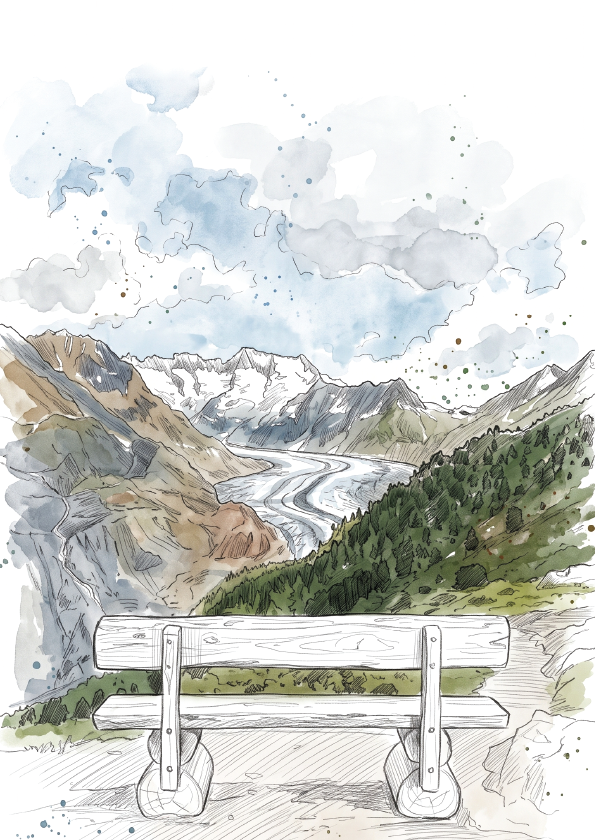Watercolour and ink illustration of a Altesch Glacier with a bench in the foreground, distant snow-capped peaks, green slopes.