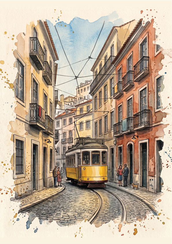 Watercolour-style illustration of a narrow cobblestone street lined with old buildings, featuring a yellow tram traveling down the tracks under overhead wires. Small figures of people appear at the sidewalks, and the scene is rendered in warm beige, orange, brown, and soft blue tones with paint-splatter accents around the edges.