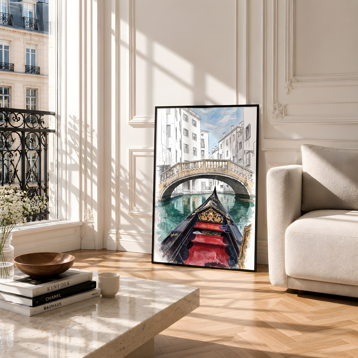 A framed art print depicting a gondola on the water of Venice with a stone bridge and white buildings, leaning against a wall in a bright, modern living room with a beige sofa and marble coffee table.
