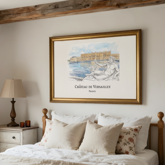 A framed art print of Château de Versailles, France, hanging on a light beige wall in a styled bedroom above a wooden bed with cream bedding.