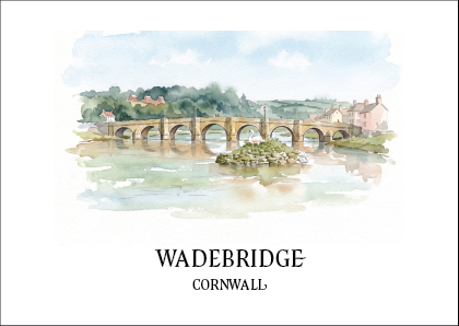 white a6 postcard with an original watercolour illustration of the medieval bridge at Wadebridge, Cornwall, with a swan on the River Camel